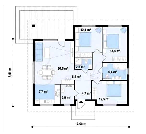 Проект дома из кирпича одноэтажный 105 м2